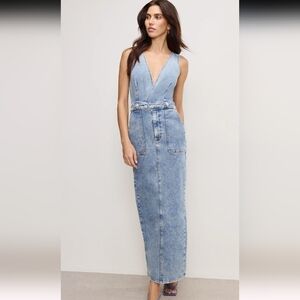Good American Fit for Success V Neck Denim Sleeveless Bodycon Maxi Dress L NWT